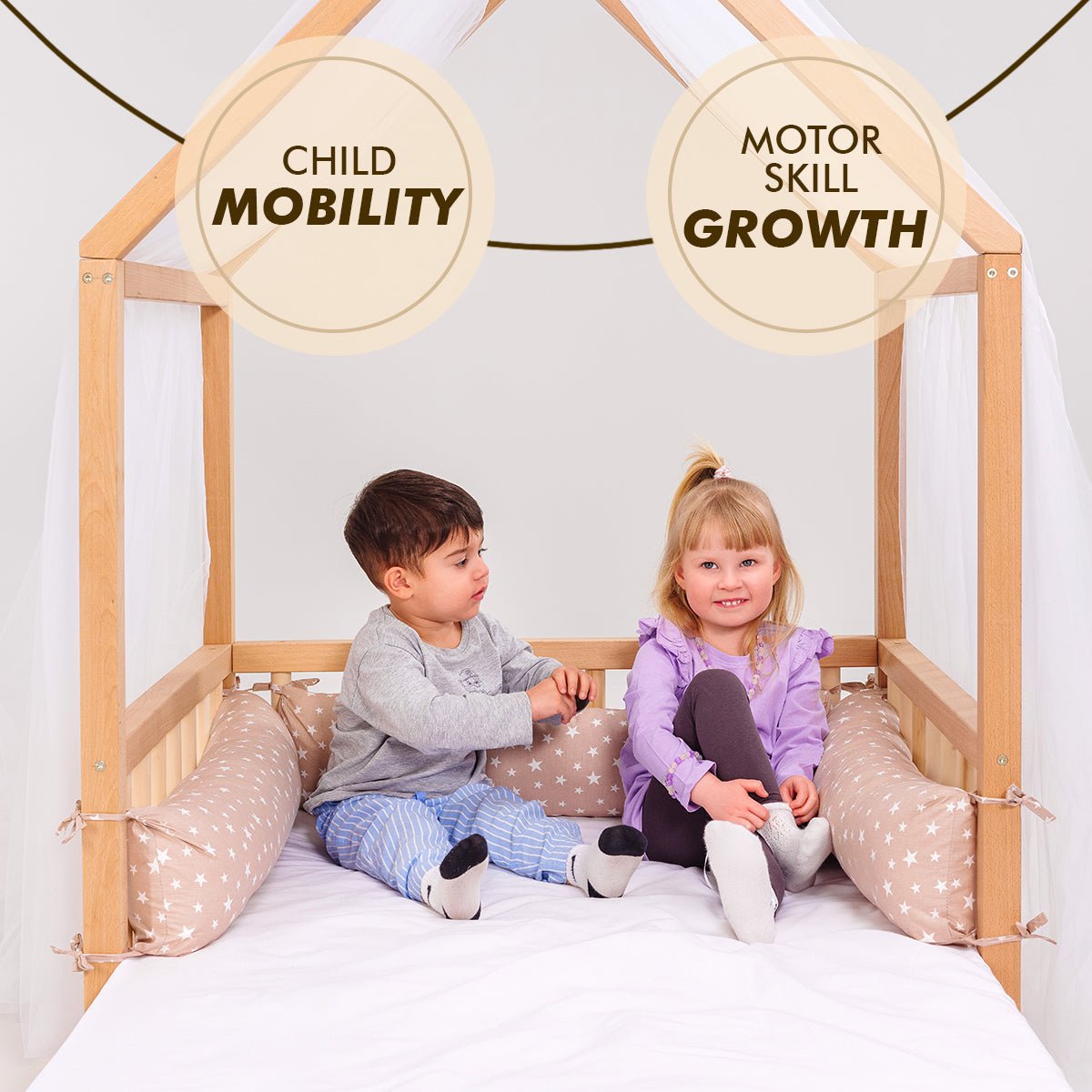 Wooden Montessori House Floor Bed with Fence and Roof for Kids (190x90 cm)