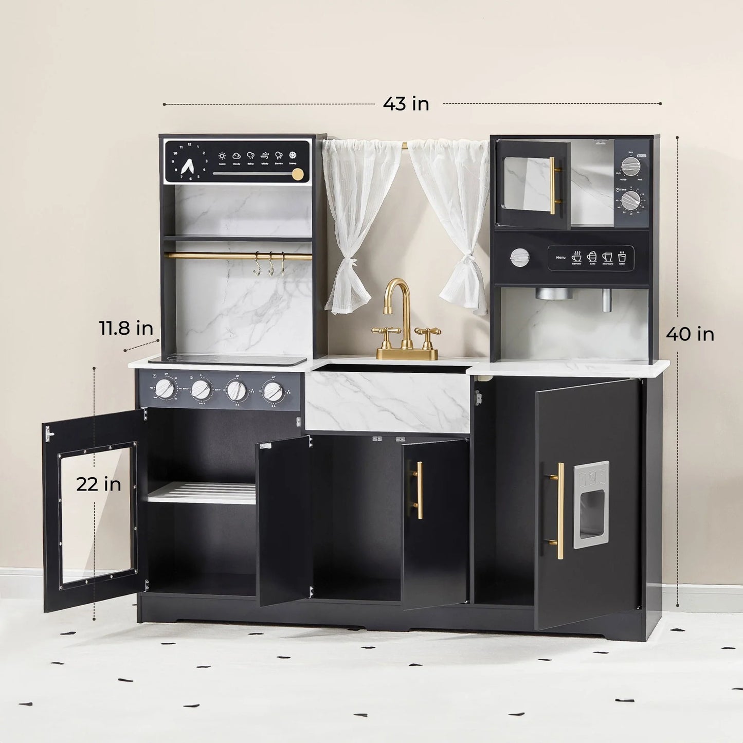 Tiny Land® Iconic Wooden Play Kitchen – Black Pretend Cooking Set for Kids
